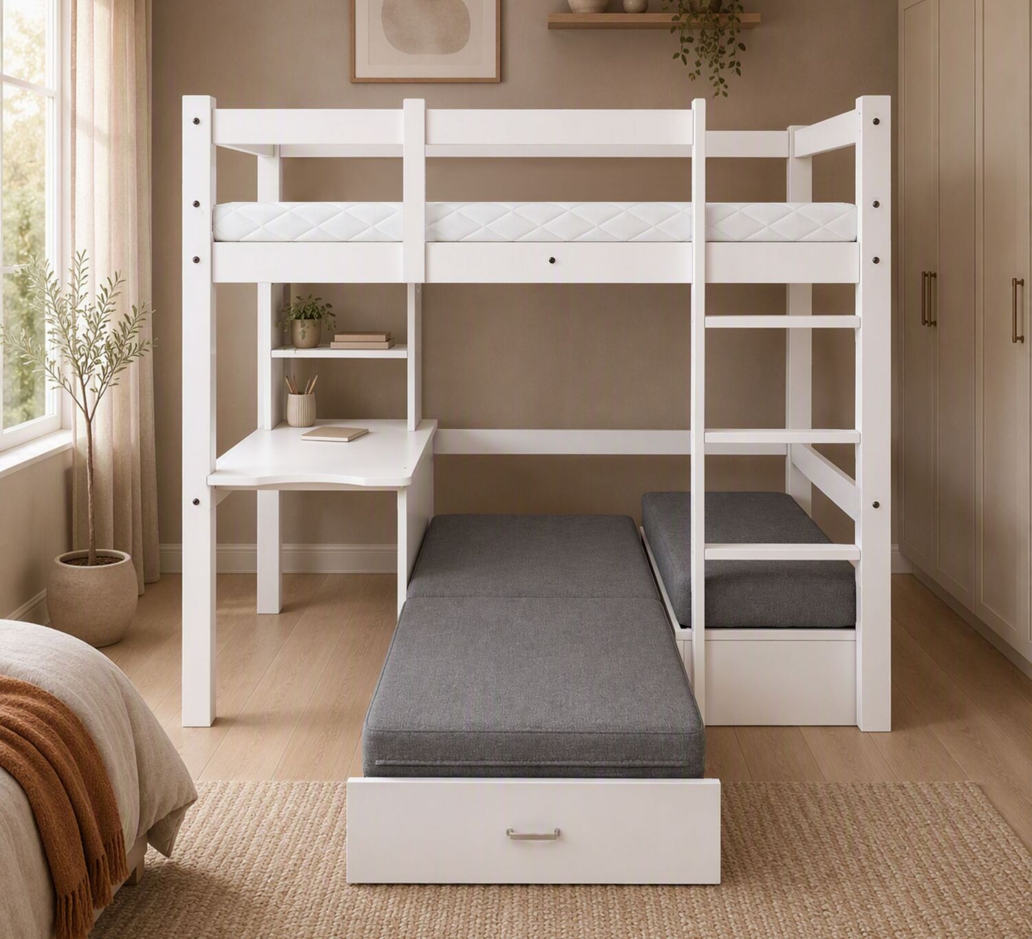 Auren Convertible Single Bunk Bed with Desk & Mattress