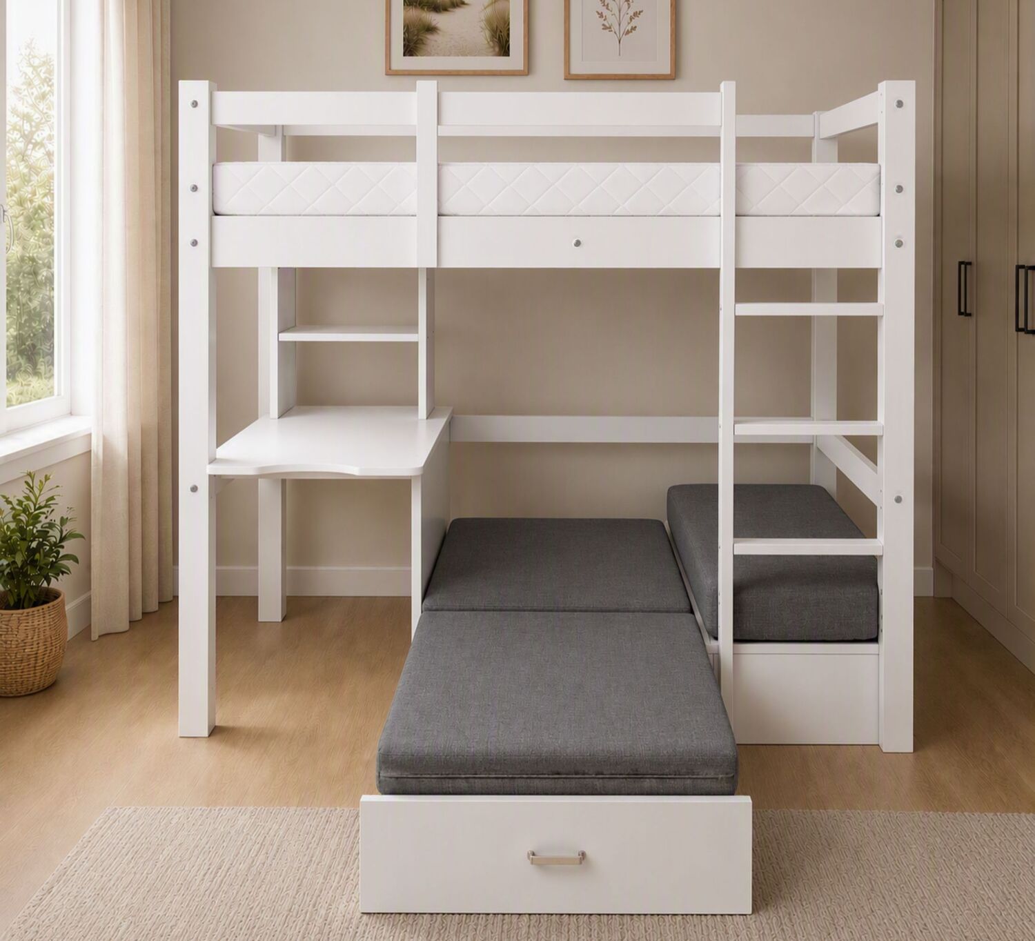 Auren Convertible Single Bunk Bed with Desk & Mattress