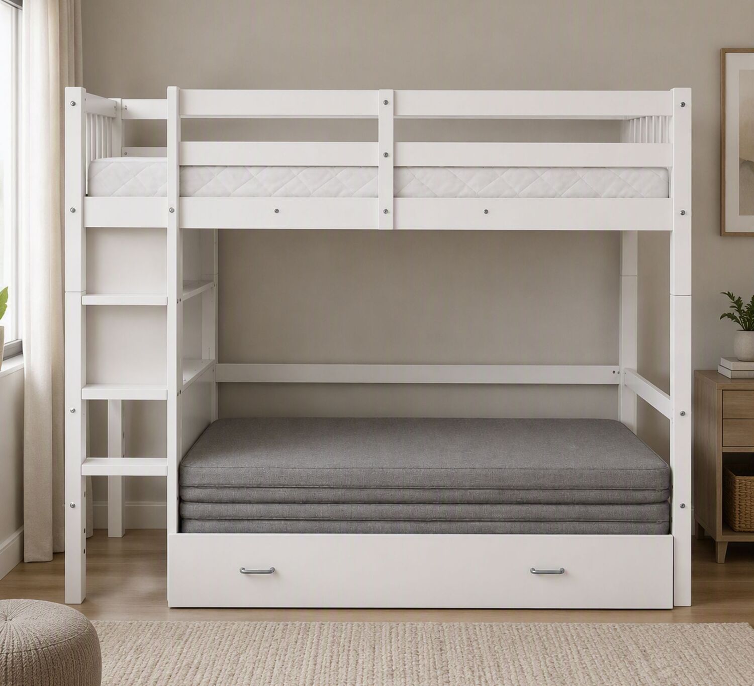 Solenne Convertible Single Over Double Bunk Bed with Desk & Mattress