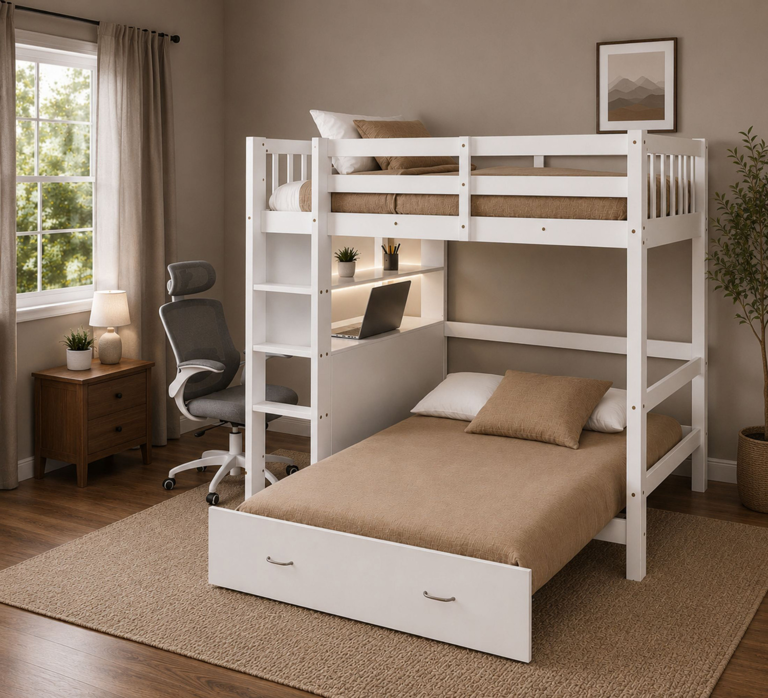 Solenne Convertible Single Over Double Bunk Bed with Desk & Mattress