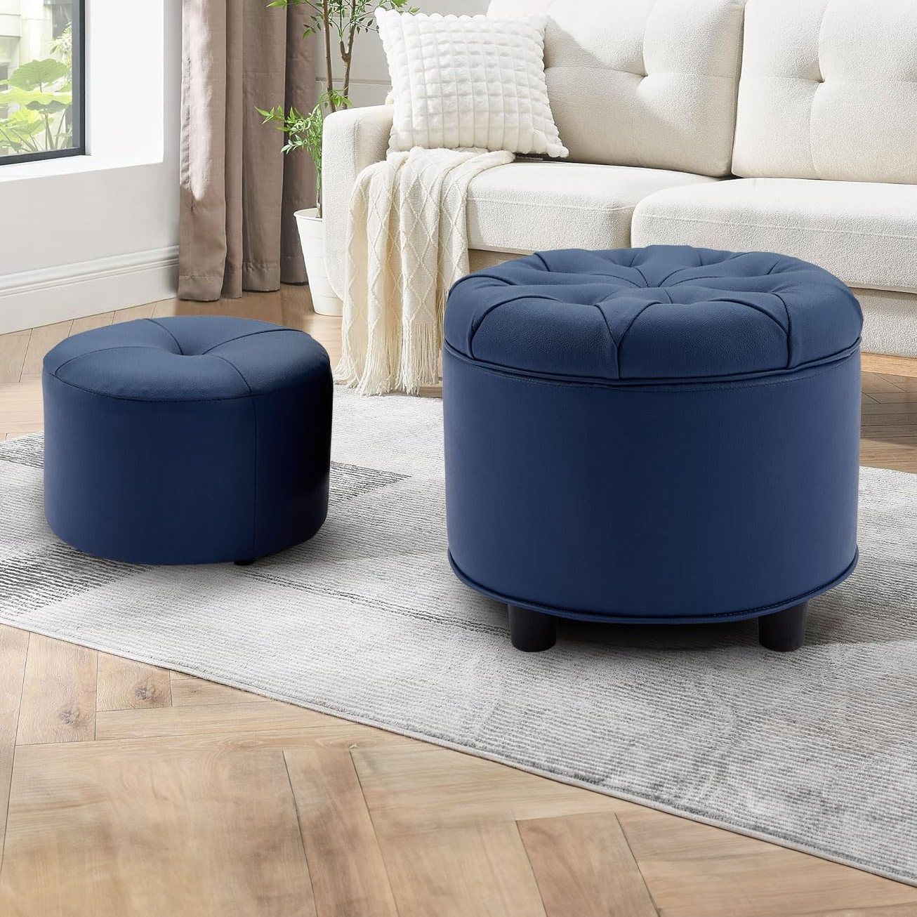 2 Piece Teo Leather Ottoman & Footstool Set