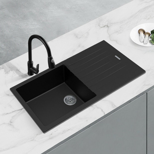 Black Granite Single Kitchen Sink Bowl With Drainboard Temple And Webster