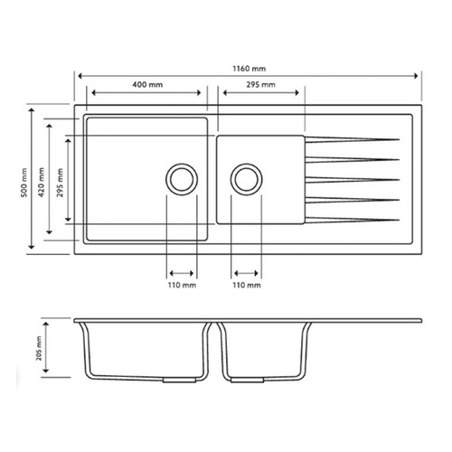 Carysil 20.5cm Granite Double Kitchen Sink with Drainboard
