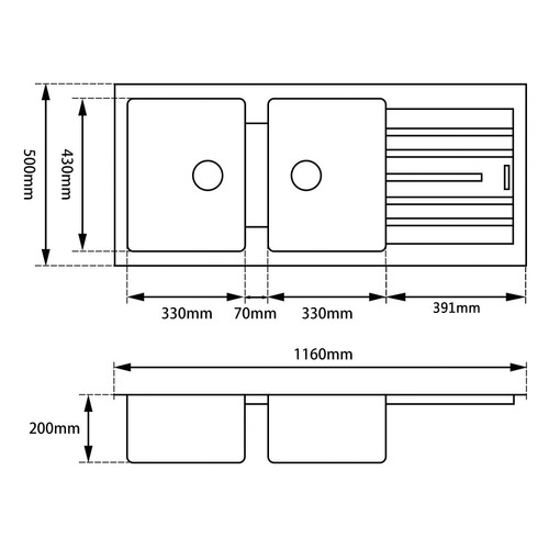 Black 116cm Granite Double Kitchen Sink with Drainboard