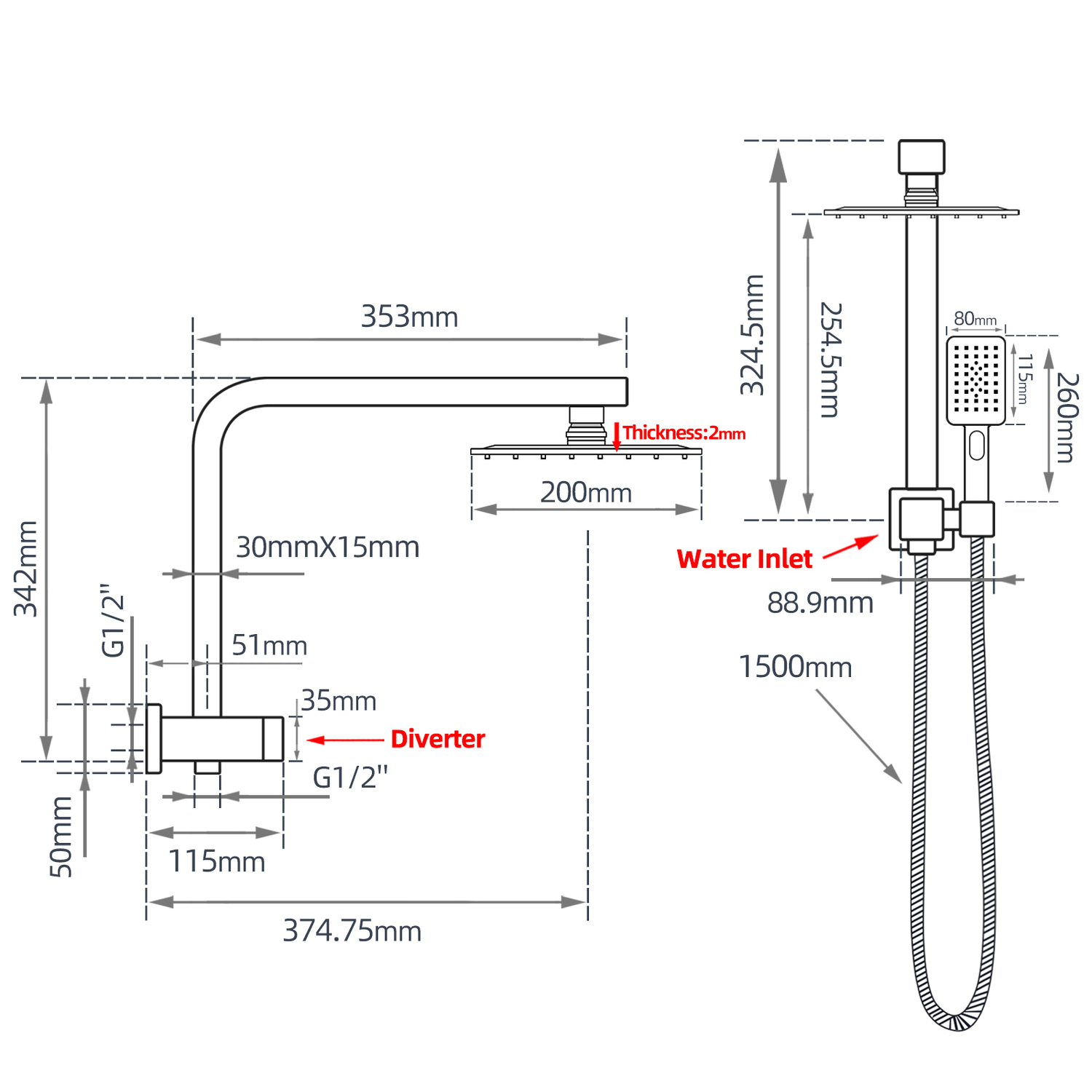 Chrome Square Top Water Inlet Shower Station