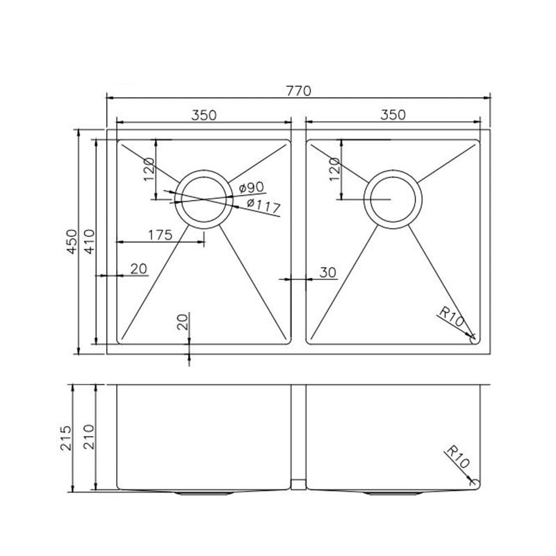 W32 x D41cm Stainless Steel Double Kitchen Sink Bowl