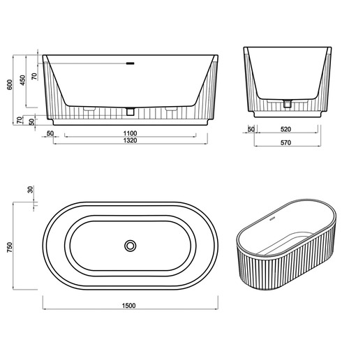 1500mm Oval Freestanding Bath with Overflow