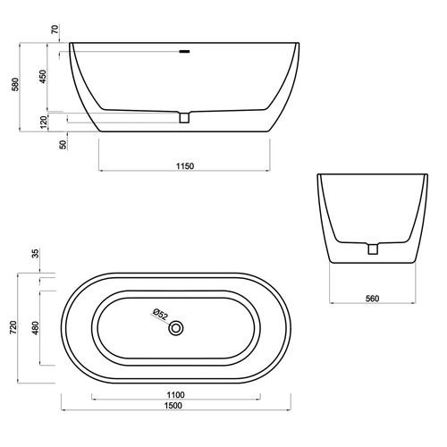 Oval Acrylic Freestanding Bath with overflow