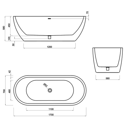 Oval Acrylic Freestanding Bath with overflow