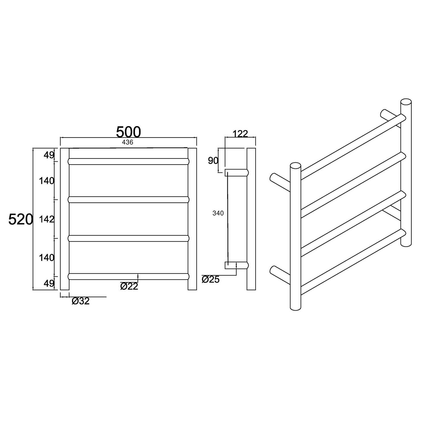 Reese 500 x 520mm 4 Bar Heated Towel Rail