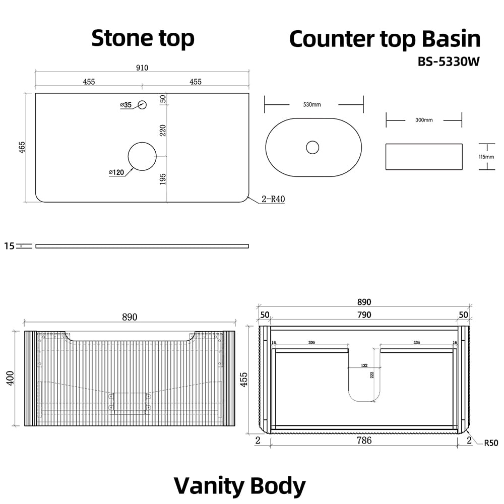 Mallari 900mm Wall Hung Single Vanity with 530mm Ceramic Basin