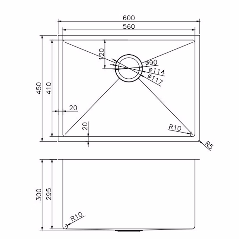 600mm Single Stainless Steel Kitchen Sink