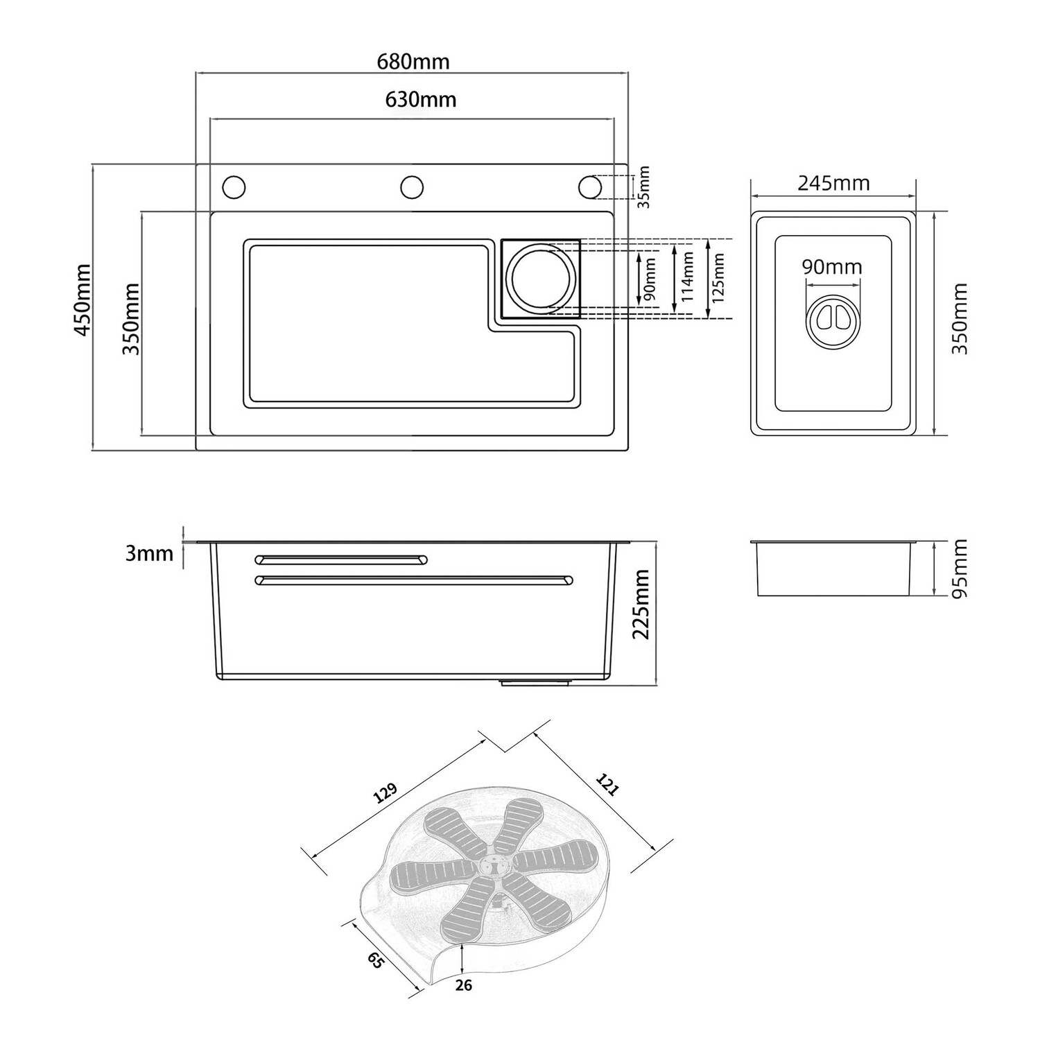 Nigel 680mm Single Stainless Steel Kitchen Sink & Accessories Package