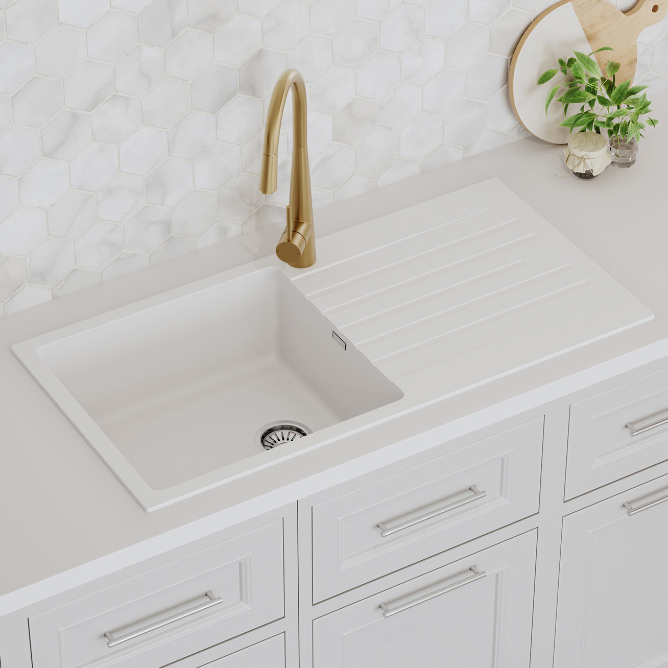 Chenal 1000mm Single White Granite Composite Kitchen Sink with Drainer
