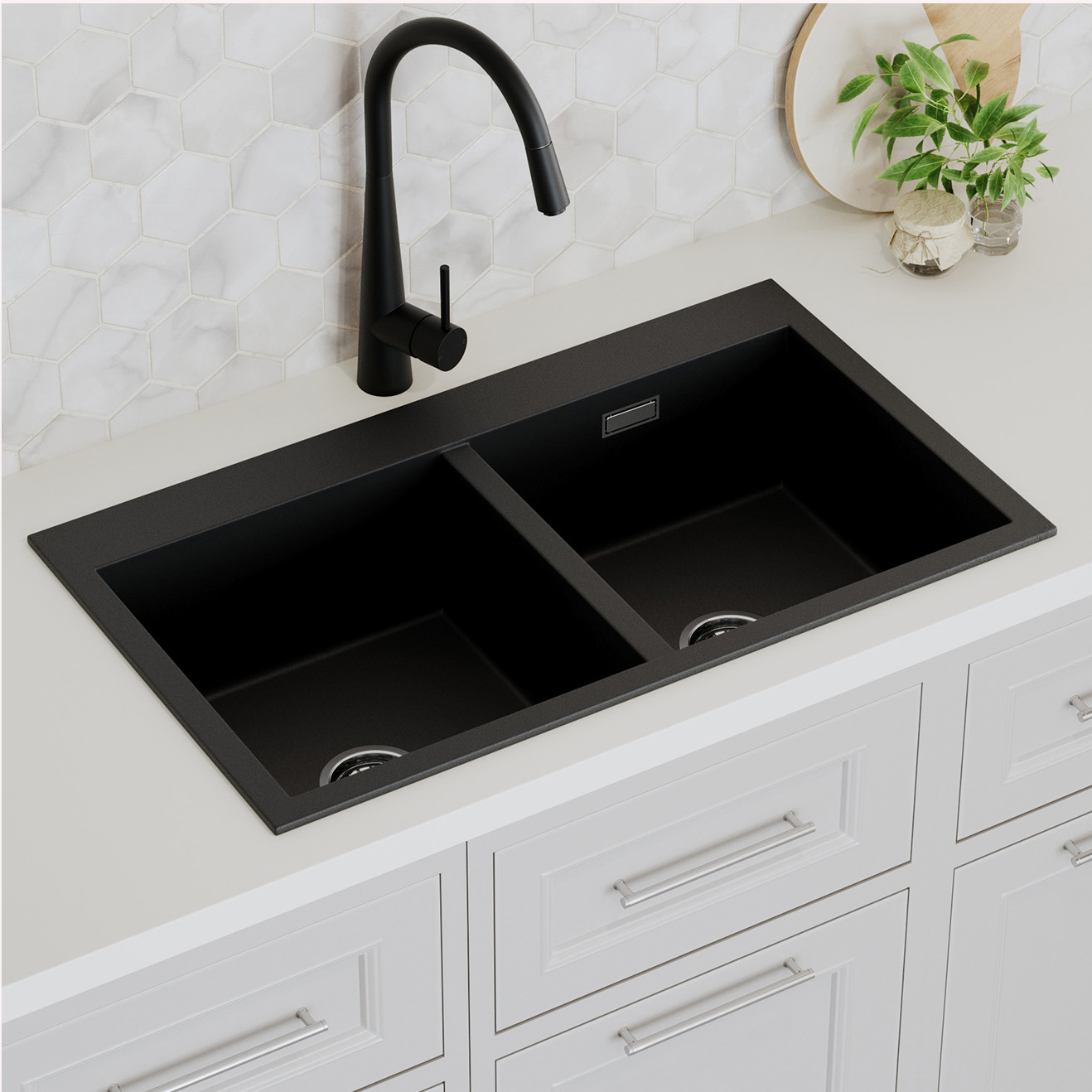 830mm Double Black Granite Kitchen Sink