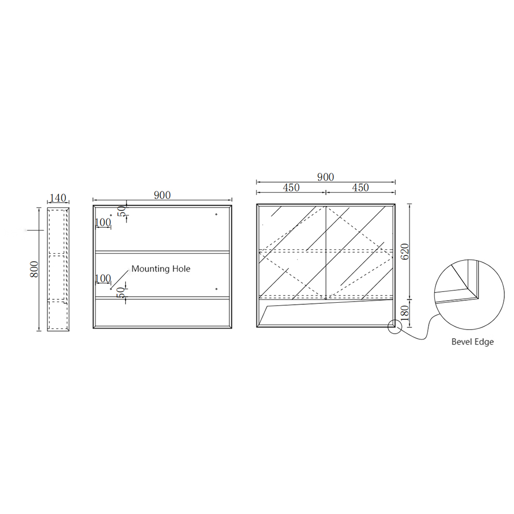 Crovyn 900mm Mirrored Shaving Cabinet with Open Shelf