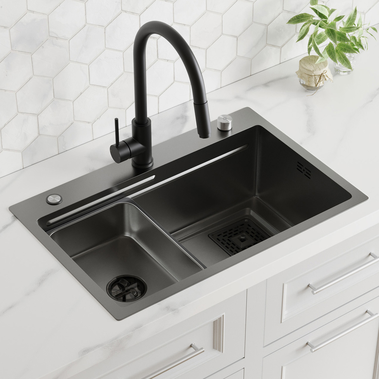 Deso 680mm Single Stainless Steel Kitchen Sink with Button-controlled Basket Waste