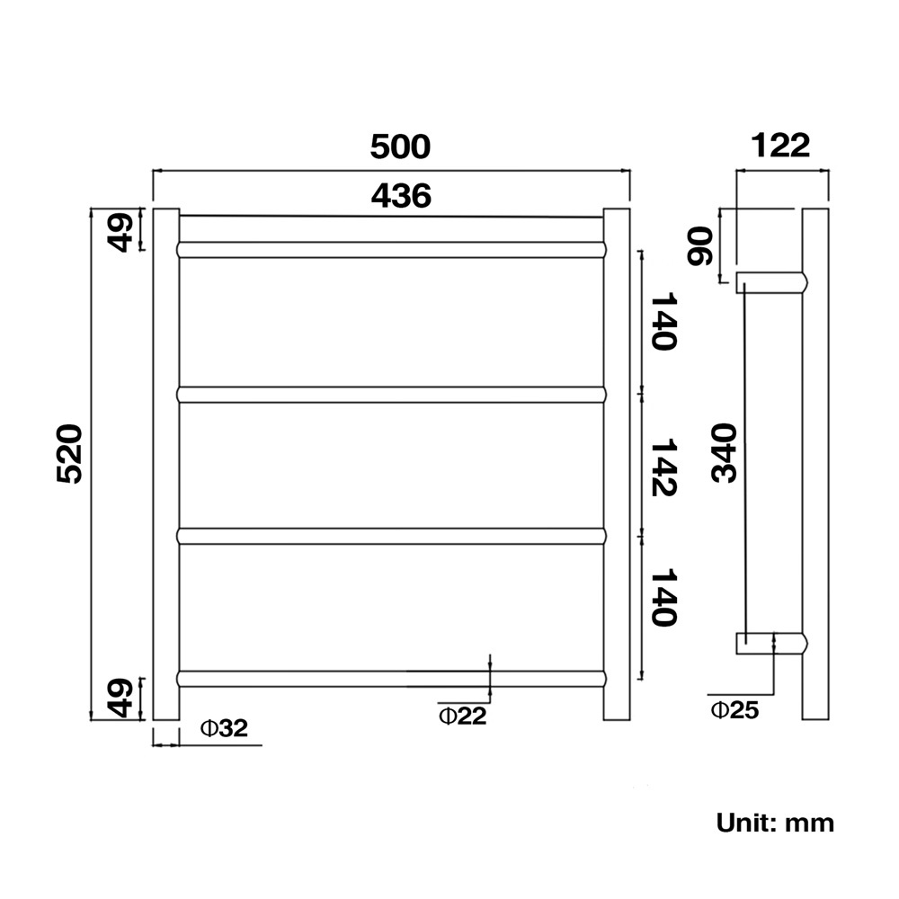 Corvyn 500 x 500mm Matte Black 4 Bar Heated Towel Rail