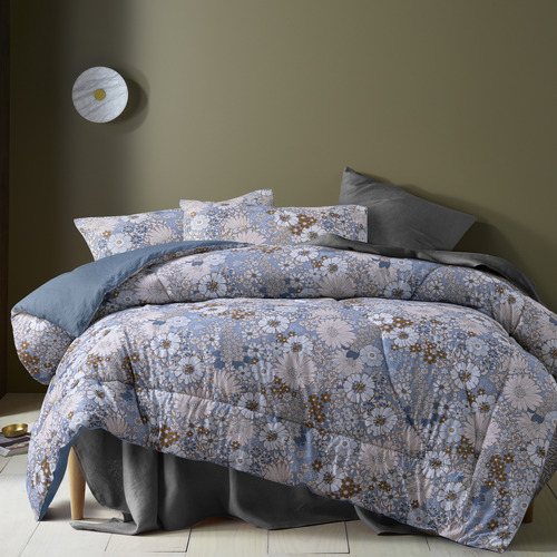 3 Piece Blue Rainbow Garden Washed Cotton Comforter Set