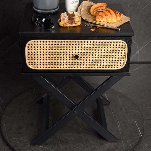 Black Meredith Rattan Bedside Table