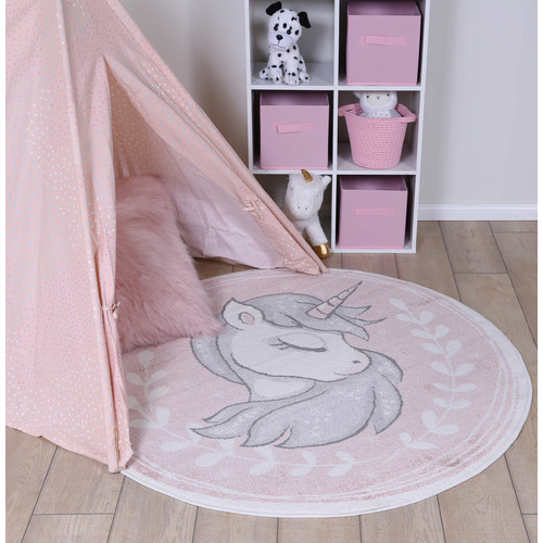 Pink Happy Kids Unicorn Round Rug