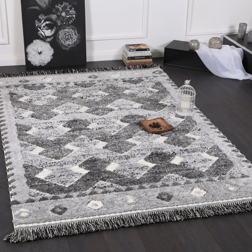Cream Mono Tribal Carved Lines Anthracite Rug