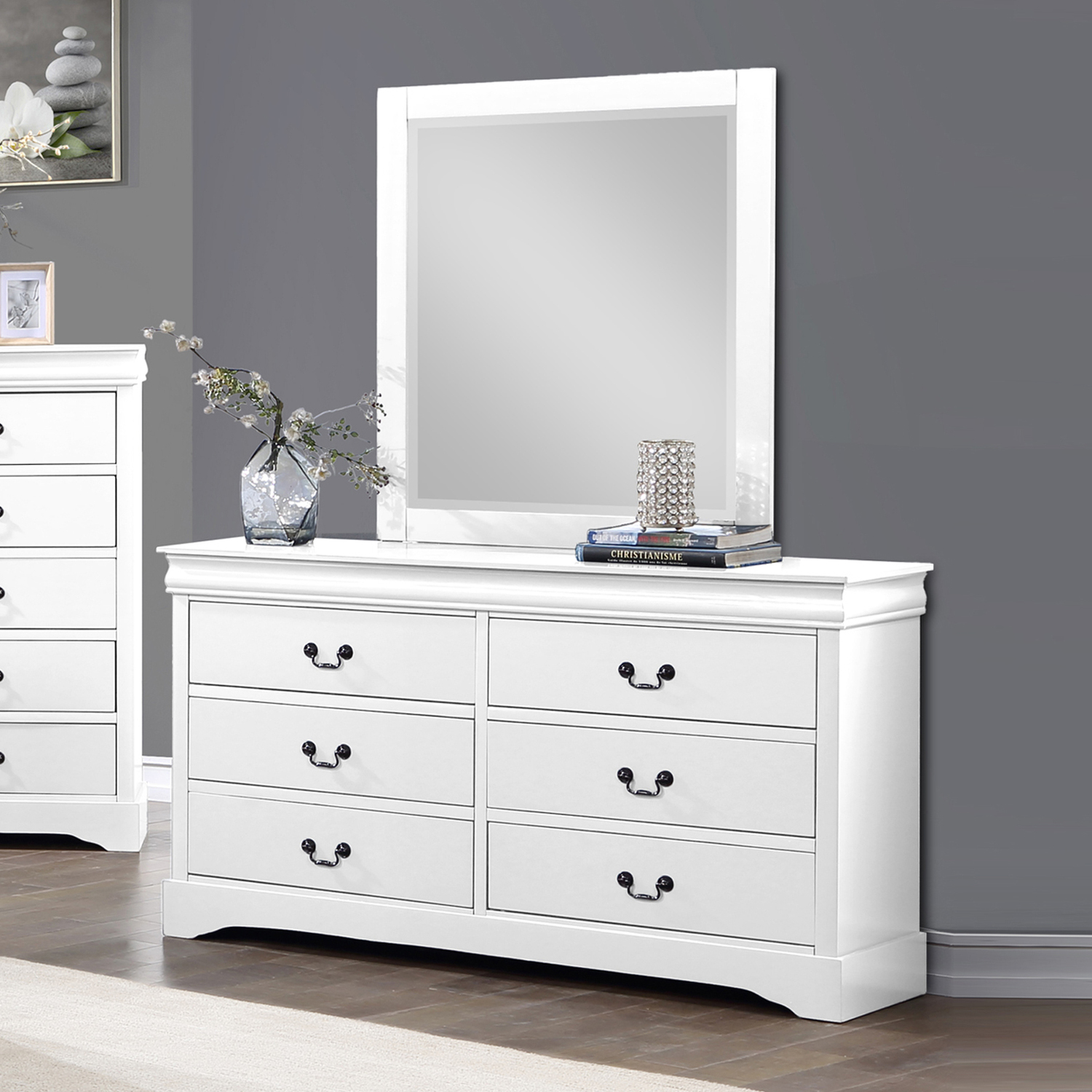 White Caila 6 Drawer Dresser with Mirror