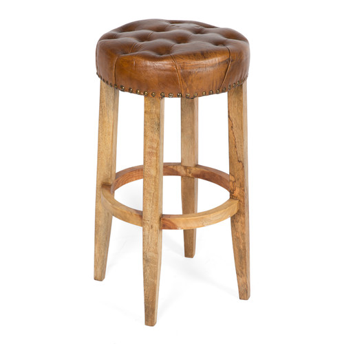 Manhattan Round Wood And Leather Bar Stool with Button Detail
