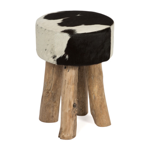 Cow Hide Round Stool with Wooden Legs