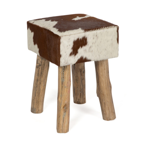 Cow Hide Square Stool with Wooden Legs