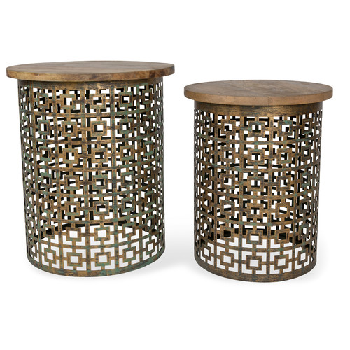Set of 2 Gold & Natural Round Side Tables Temple & ster