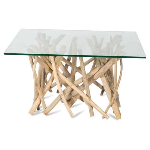Teak Branch Base Square Coffee Table, Glass Coffee Table With Branch Base