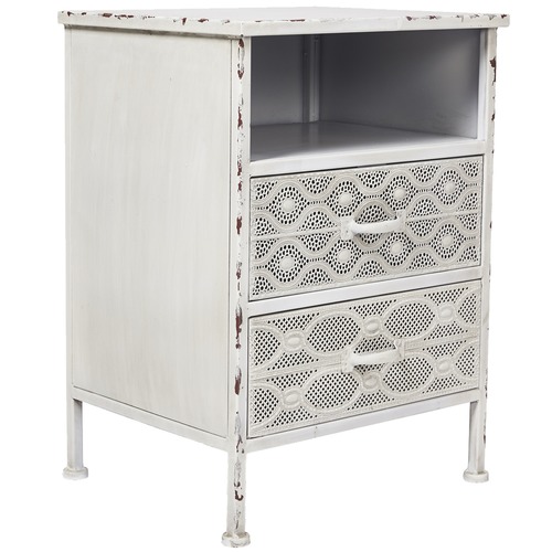 2 Drawer Filigree Metal Bedside Table, Antique White Side Table With Drawer