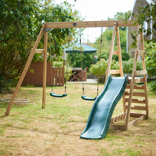 Plum Tamarin Wooden Double Swing Set with Slide Temple & ster