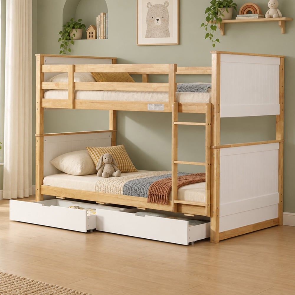Midson King Single Rubberwood Bunk Bed with Drawers