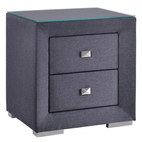 Dark Grey Fabric Bedside Table With Glass Top 