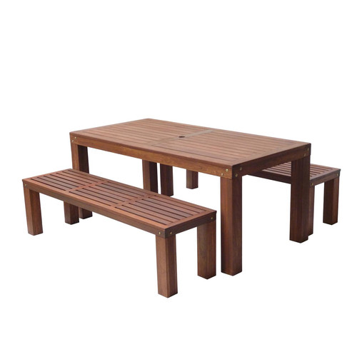 3 Piece Grace Hardwood Outdoor Dining Table & Benches Set Temple