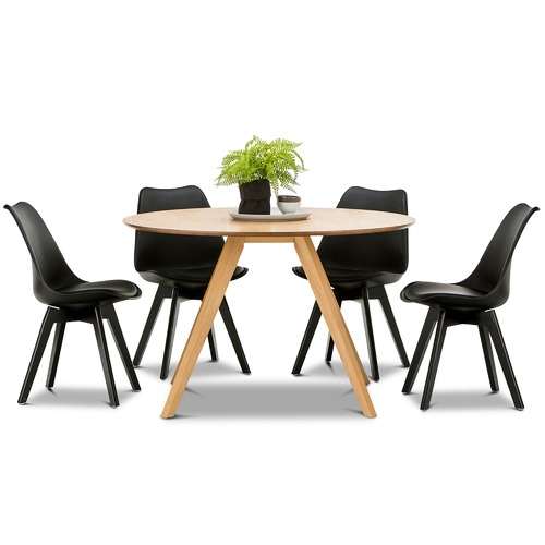 5 Piece Milari Round Dining Table & Padded Eames Replica Chairs Set