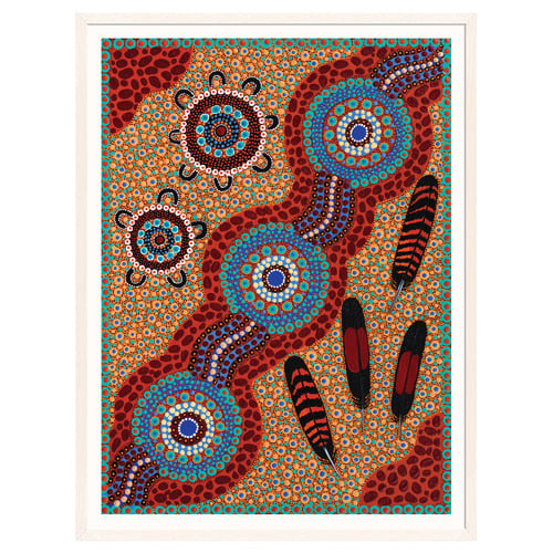 Children Collecting Feathers from Red Tail Back Cockatoo Down by the Creek Printed Wall Art