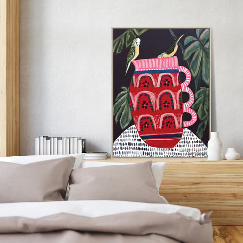 Bush Budgies & Monstera Printed Wall Art by Amanda Skye Mulder