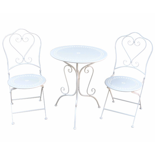 white iron bistro table and chairs