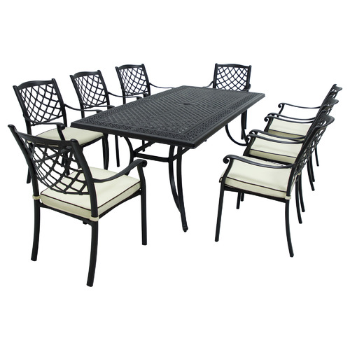 9 Piece Thera Cast Aluminium Outdoor Dining Table Chair Set Temple Webster - Is Aluminium Good For Outdoor Furniture