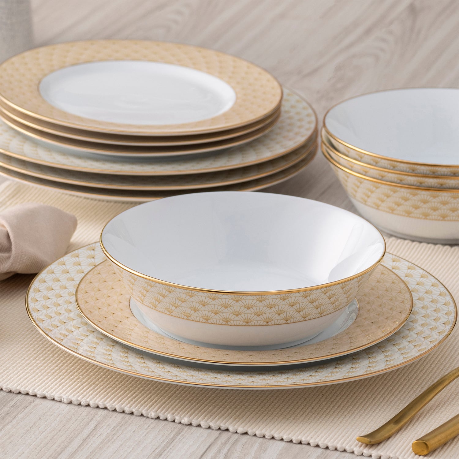 12 Piece Trocadero Gold Porcelain Dinner Set