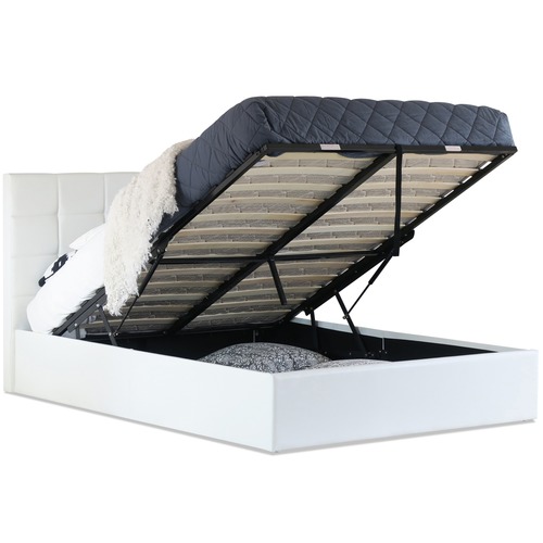 White Milan Gas Lift Storage Faux Leather Bed Frame