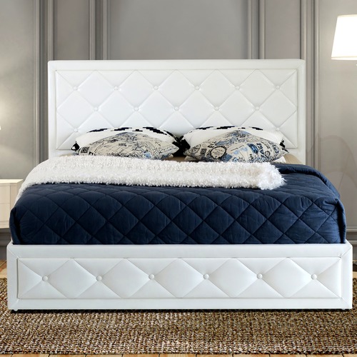 Faux Leather Gas Lift Bed Frame, White Leather Upholstered Bed Frame