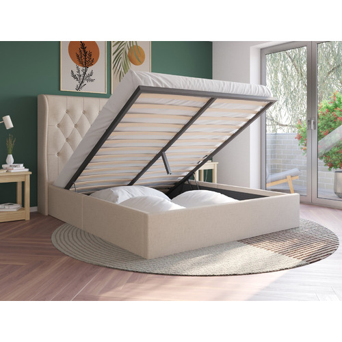 Beige-Harlow-Winged-Gas-Lift-Storage-Bed-Frame
