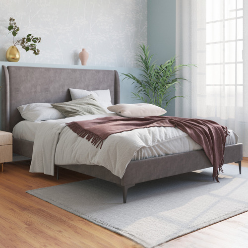 Grey-Zheng-Velvet-Bed-Frame-with-Black-Legs