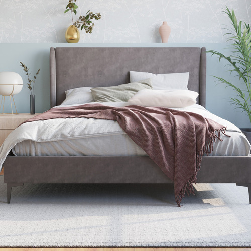 Grey-Zheng-Velvet-Bed-Frame-with-Black-Legs