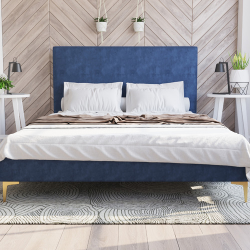 Rawson & Co Blue Rykkie Velvet Bed Frame with Gold Legs Temple & ster