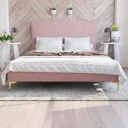 Pink-Rykkie-Velvet-Bed-Frame-with-Gold-Legs